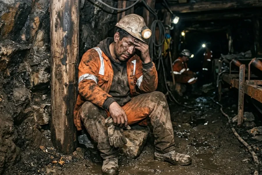 Minero exhausto sentado en la mina, ilustrando las enfermedades profesionales en minería.
