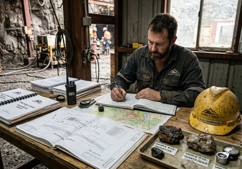 Contenido Original de ACERO Y ROCA - Prohibida su reproducción Trabajadores mineros analizan documentación técnica en inglés vinculada a procesos operativos y seguridad laboral. Contenido Original de ACERO Y ROCA - Prohibida su reproducción
