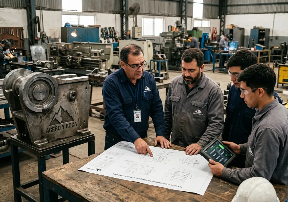 Taller metalmecánico local trabajando en el desarrollo de proveedores mineros eficientes. Contenido Original de ACERO Y ROCA - Prohibida su reproducción