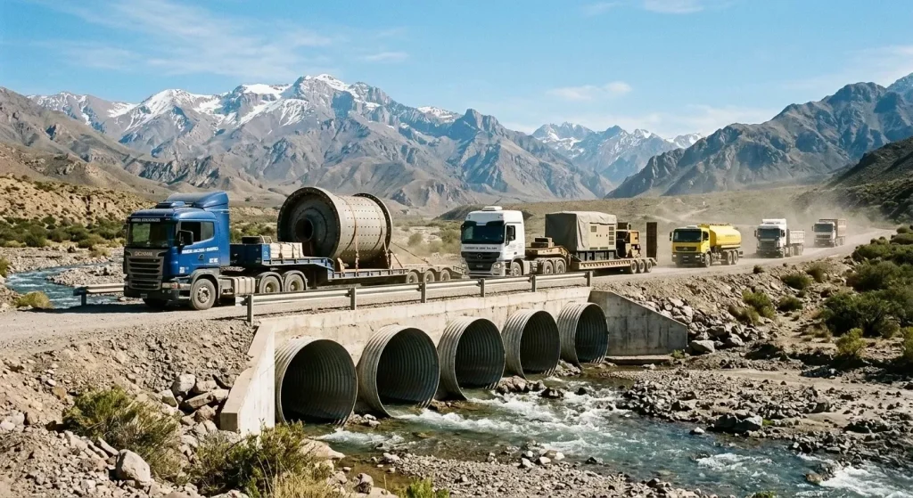 Obra vial de un puente tipo alcantarilla en zona cordillerana, vinculada al desarrollo del proyecto minero Los Azules. Contenido Original de ACERO Y ROCA - Prohibida su reproducción