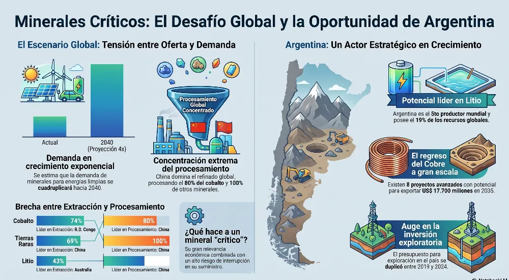 Infografía interactiva sobre el potencial geológico de los minerales críticos en Argentina y la transición energética. Contenido Original de ACERO Y ROCA - Prohibida su reproducción