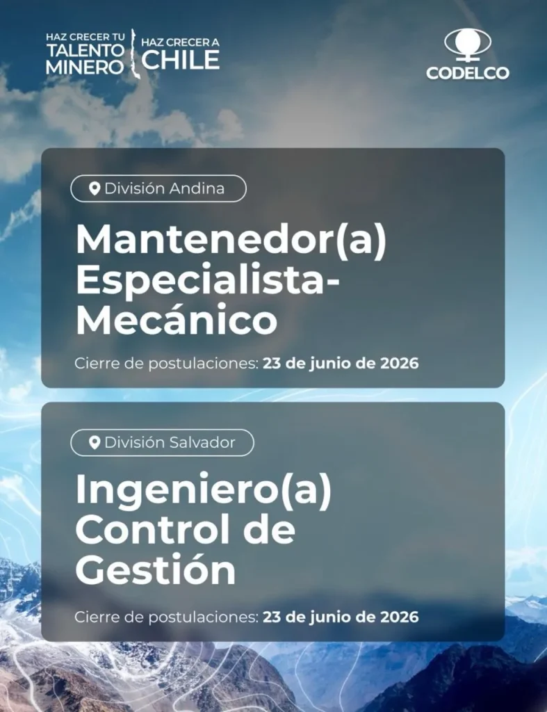 Flyer de ofertas de empleo minero para mantenedores mecánicos y eléctricos en divisiones de Codelco.