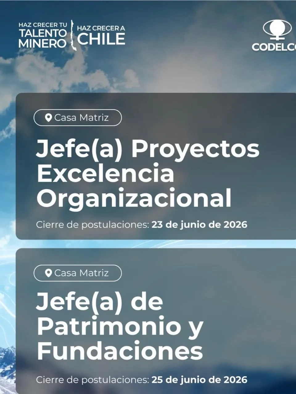Flyer de ofertas de empleo minero para ingenieros graduados y especialistas en Codelco.