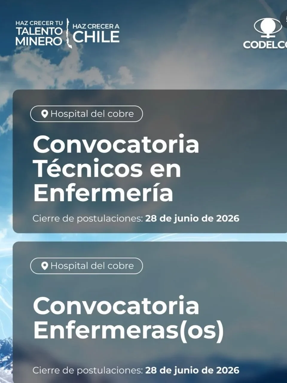 Flyer de ofertas de empleo minero para prácticas profesionales y memoristas en Codelco.