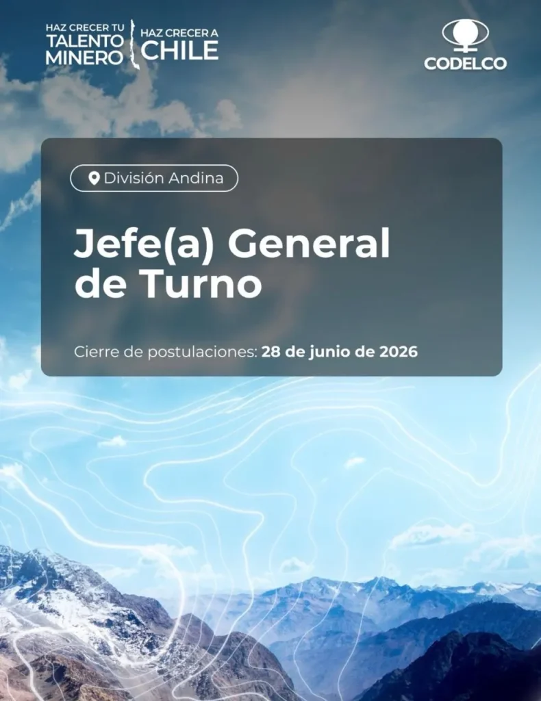 Flyer corporativo de ofertas de empleo minero y postulación para jefe de turno en Codelco.