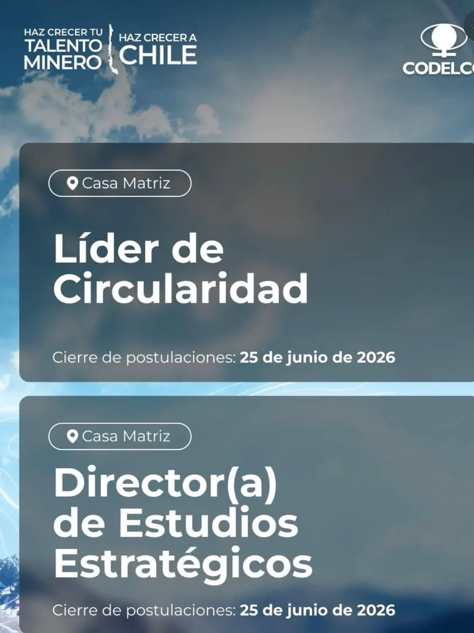 Flyer de ofertas de empleo minero para supervisores de operaciones y jefes de turno en Codelco.