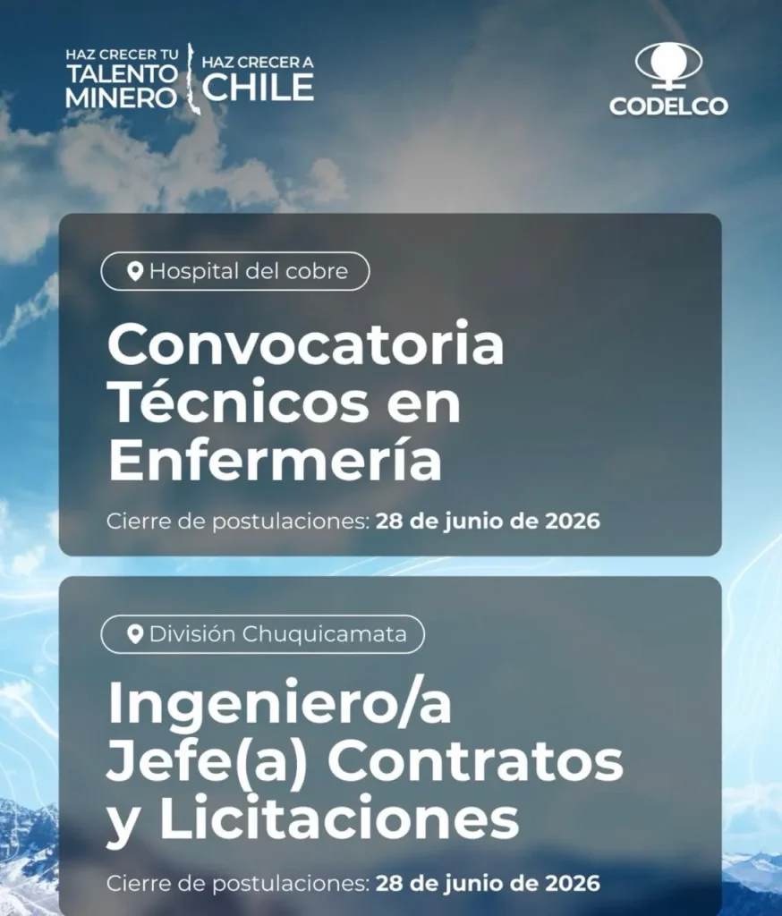 Flyer corporativo de ofertas de empleo minero y postulación directa en la plataforma de empleo de Codelco.