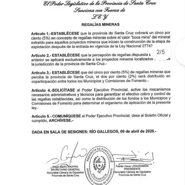 Impacto del veto del Poder Ejecutivo a la ley de regalías mineras en los proyectos de la Patagonia.
