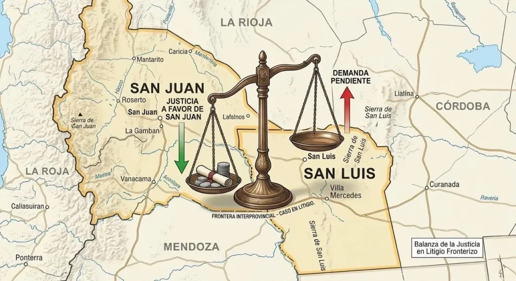 Mapa de la provincia de San Juan con un mazo de la justicia superpuesto, representando la disputa de competencia territorial con San Luis. Contenido Original de ACERO Y ROCA - Prohibida su reproducción