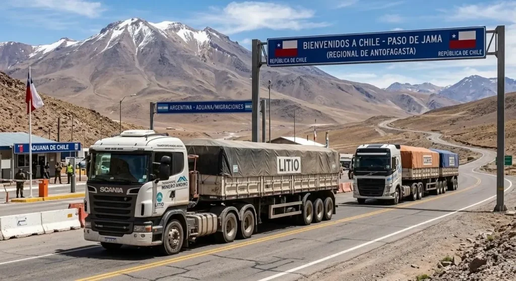 Camiones cruzando de argentina a chile para trasladar mineral a los puertos chilenos. Contenido Original de ACERO Y ROCA - Prohibida su reproducción 