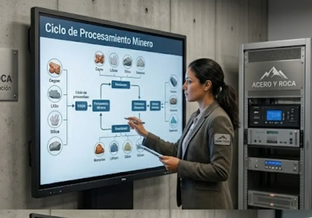 Contenido Original de ACERO Y ROCA - Prohibida su reproducción Docente analizando material educativo sobre minería en un entorno de capacitación estatal. Contenido Original de ACERO Y ROCA - Prohibida su reproducción