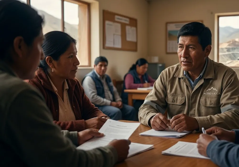 Diálogo participativo entre representantes mineros y líderes comunitarios locales. Contenido Original de ACERO Y ROCA – Prohibida su reproducción.
