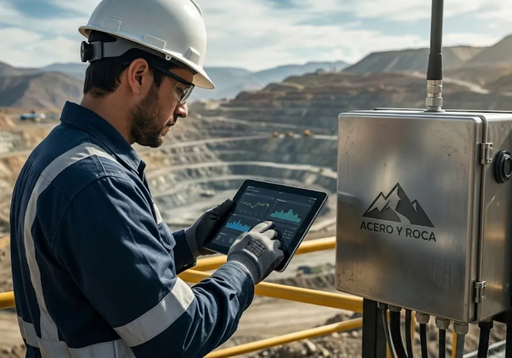 especialista técnica operando un software de trazabilidad y monitoreo de procesos productivos en una estación remota de campo. Contenido Original de ACERO Y ROCA – Prohibida su reproducción.