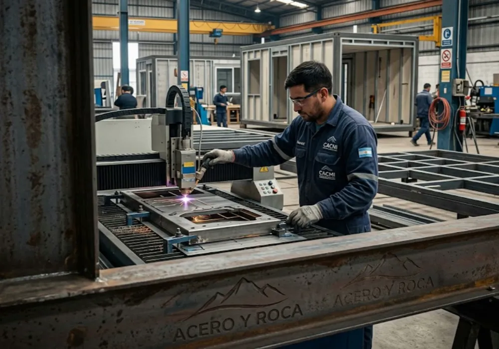 Técnico argentino operando maquinaria de precisión en un taller de construcción modular industrializada. Contenido Original de ACERO Y ROCA - Prohibida su reproducción