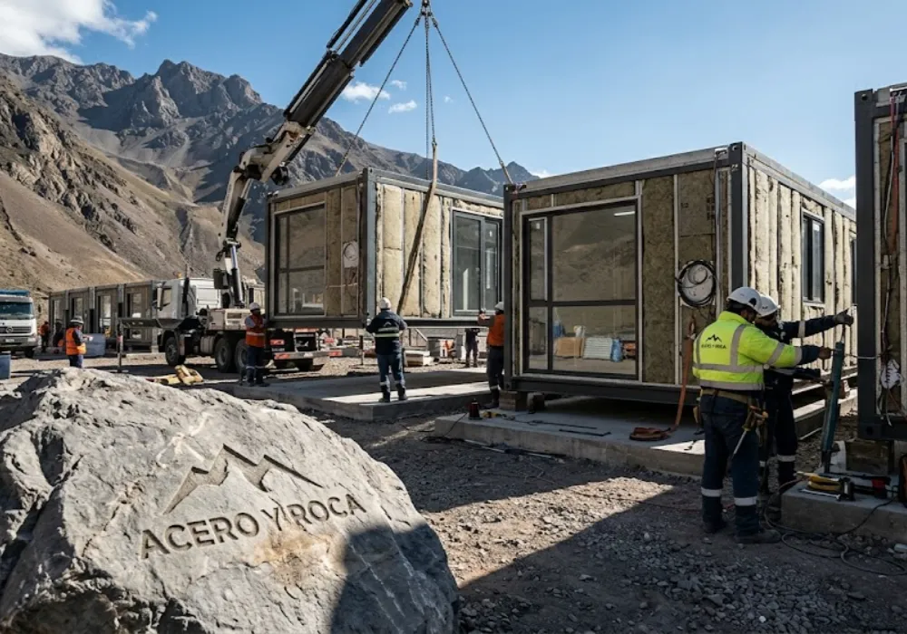 Obreros y una grúa montando campamentos modulares mineros en un paisaje montañoso fotorrealista de la cordillera. Contenido Original de ACERO Y ROCA - Prohibida su reproducción