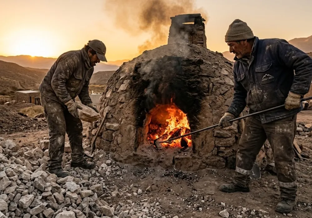 Operarios trabajando en un horno de cal tradicional en Los Berros, Sarmiento. Contenido Original de ACERO Y ROCA – Prohibida su reproducción.