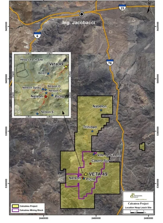 Mapa geológico detallado que muestra las vetas de mineralización del proyecto minero Calcatreu en Río Negro.