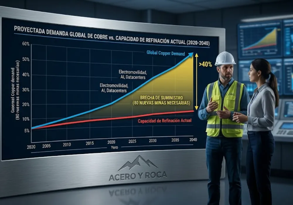 Gráfico técnico en una sala de control sofisticada que muestra la brecha proyectada entre la demanda global de cobre al 2040 y la capacidad de refinación actual, impulsada por la transición energética. Contenido Original de ACERO Y ROCA