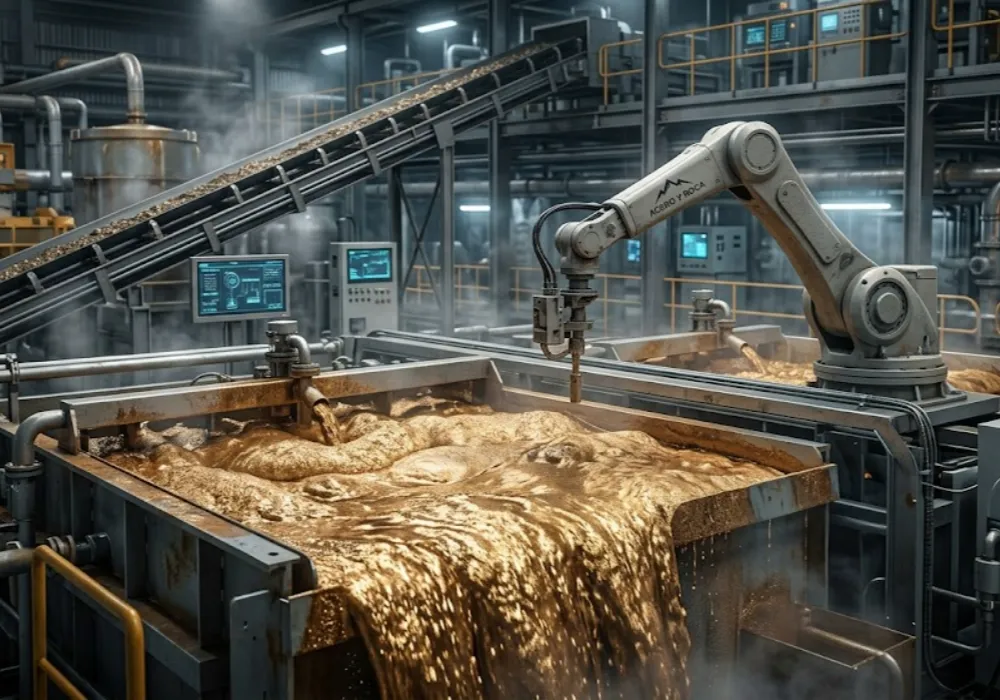 Planta de procesamiento de minerales de vanguardia y totalmente automatizada con grandes celdas de flotación operando y una espuma dorada (concentrado de calcopirita). Contenido Original de ACERO Y ROCA