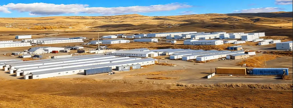 Vista aérea panorámica de un gran complejo habitacional modular prefabricado en plena cordillera.