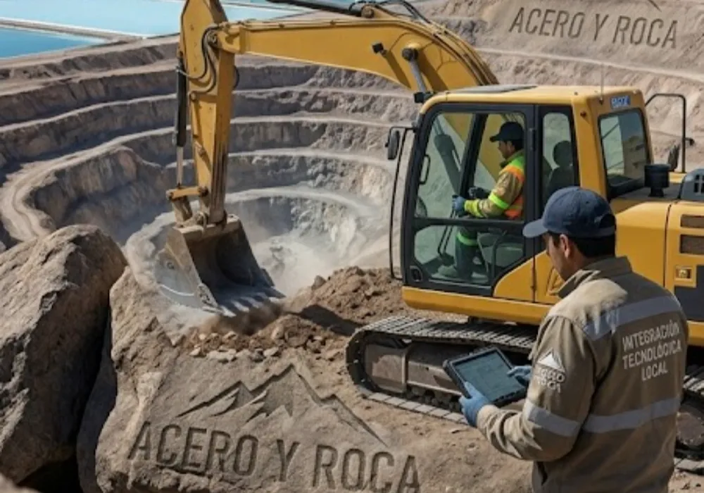 Operario trabajando con equipo especializado en sitio minero bajo estándares de seguridad. Contenido Original de ACERO Y ROCA - Prohibida su reproducción