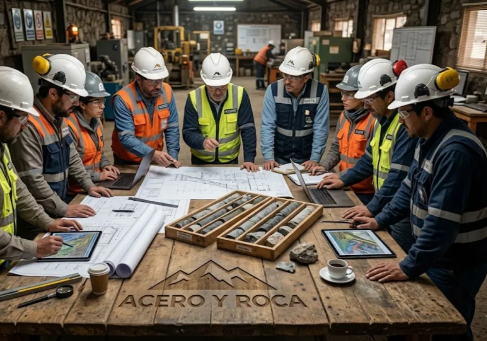 Un huddle de proveedores locales de distintas provincias argentinas, vistiendo PPE y chalecos reflectantes sobre ropa de trabajo, analizan planos técnicos y muestras de roca alrededor de una mesa de trabajo de madera en una mina. Contenido Original de ACERO Y ROCA - Prohibida su reproducción