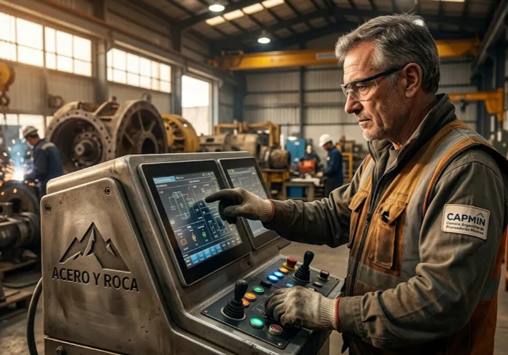 Un técnico especialista senior (con chaleco de CAPMIN) opera un panel de control industrial avanzado en un taller de mantenimiento minero. Contenido Original de ACERO Y ROCA - Prohibida su reproducción