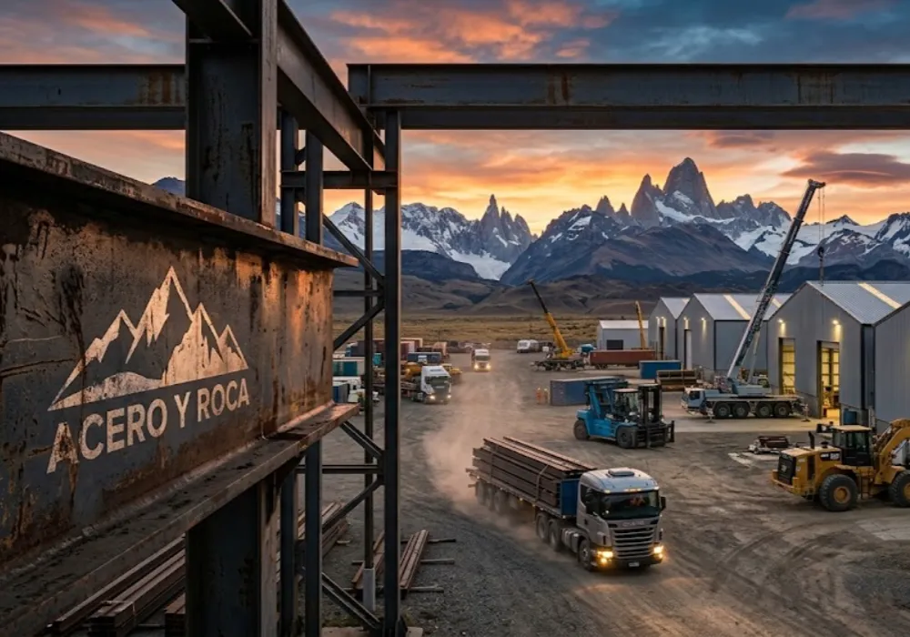 Polo logístico e infraestructura de proveedores industriales operando al atardecer en la provincia de Santa Cruz