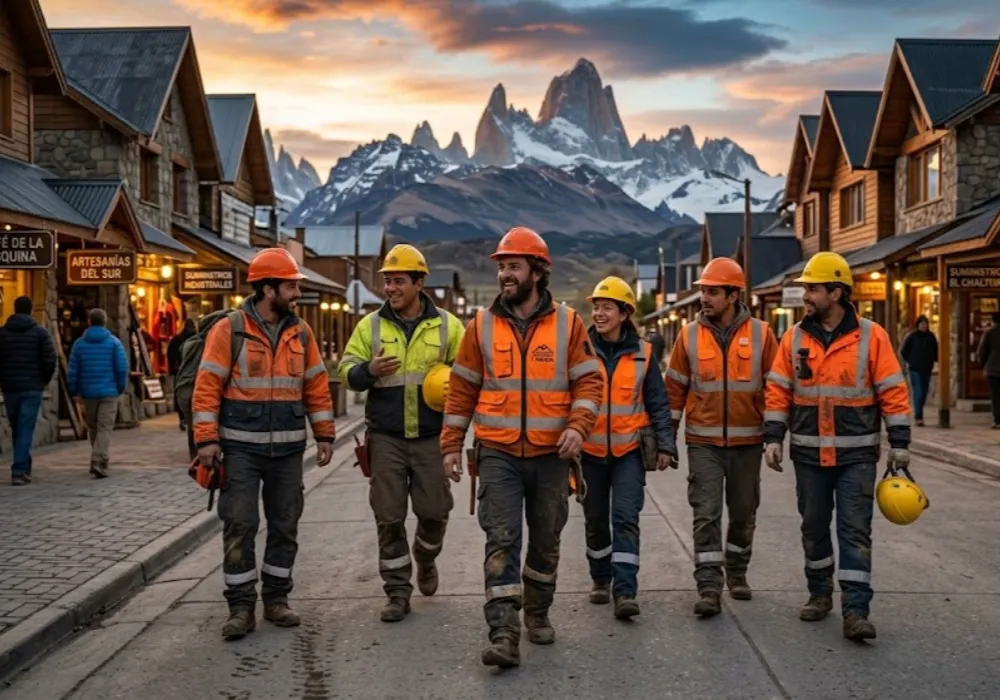 Trabajadores de la industria impulsando el comercio y la vida social en una localidad de la Patagonia.