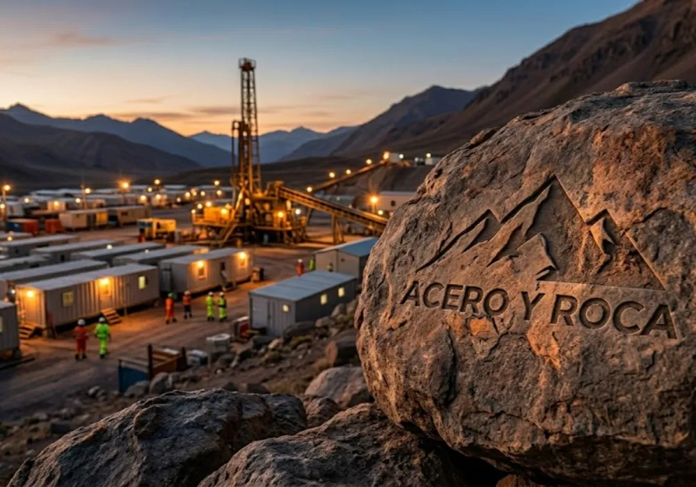 Campamento minero remoto en las montañas al atardecer, con módulos de vivienda iluminados. Contenido Original de ACERO Y ROCA - Prohibida su reproducción