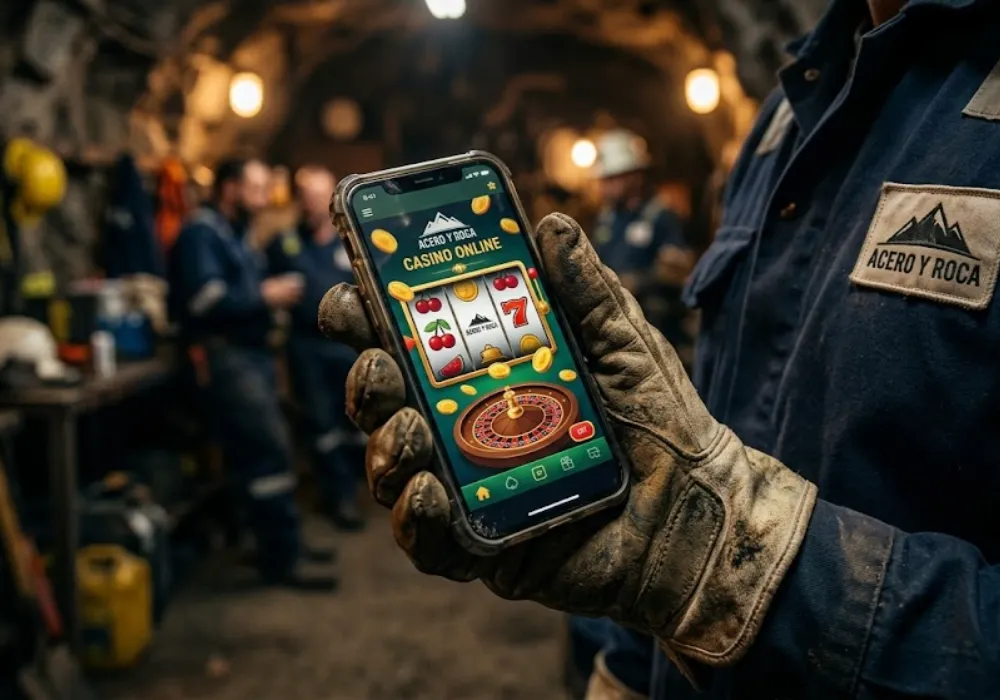 Mano enguantada de un trabajador minero sosteniendo un teléfono inteligente que muestra una aplicación de casino online. Contenido Original de ACERO Y ROCA - Prohibida su reproducción