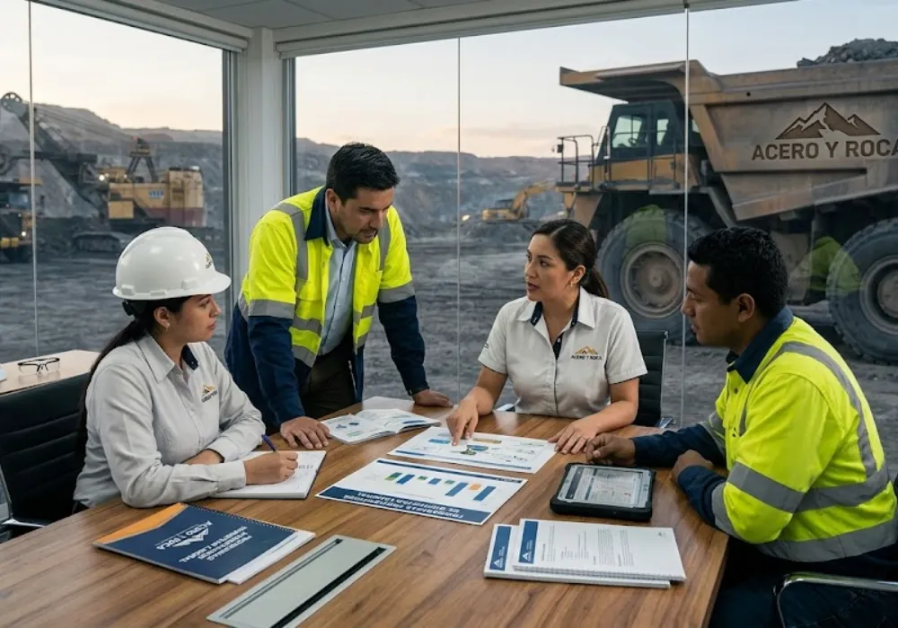 Cuatro profesionales de la minería reunidos alrededor de una mesa discutiendo programas preventivos de bienestar laboral. Contenido Original de ACERO Y ROCA - Prohibida su reproducción