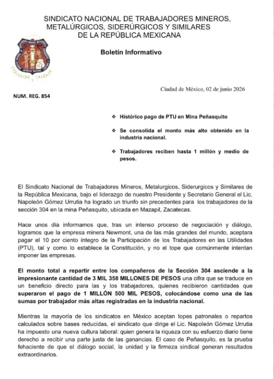 comunicado oficial DEL SINDICATO MINERO DE México
