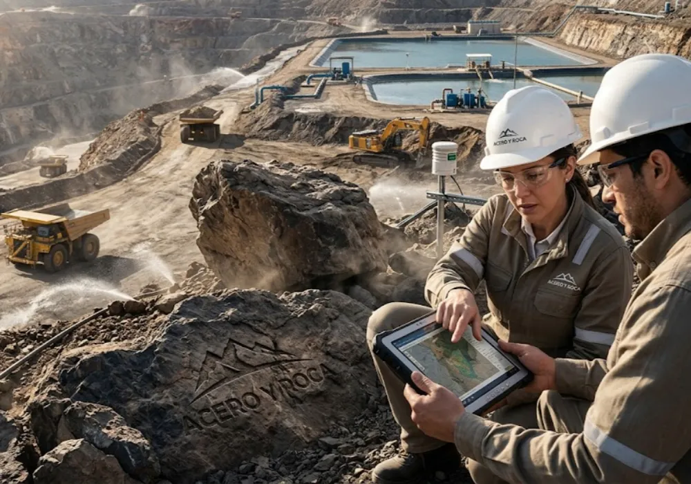Especialistas analizando datos en una tablet frente a una infraestructura minera. Contenido Original de ACERO Y ROCA - Prohibida su reproducción