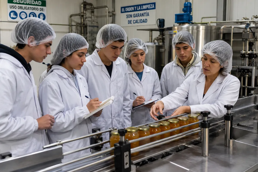 Estudiantes de escuela técnica realizando prácticas en una planta de elaboración de alimentos  Imagen ilustrativa de ACERO y ROCA. Prohibida su reproducción.