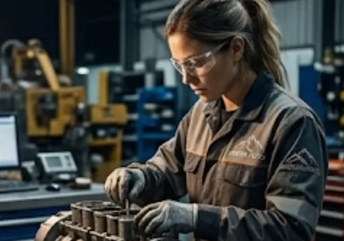  técnica especializada trabajando en la remanufactura de componentes en un taller de mantenimiento minero. Contenido Original de ACERO Y ROCA - Prohibida su reproducción