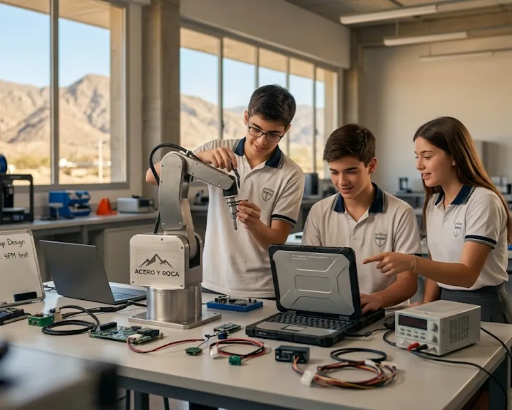  Alumnos de una escuela practicando en un laboratorio de robótica.