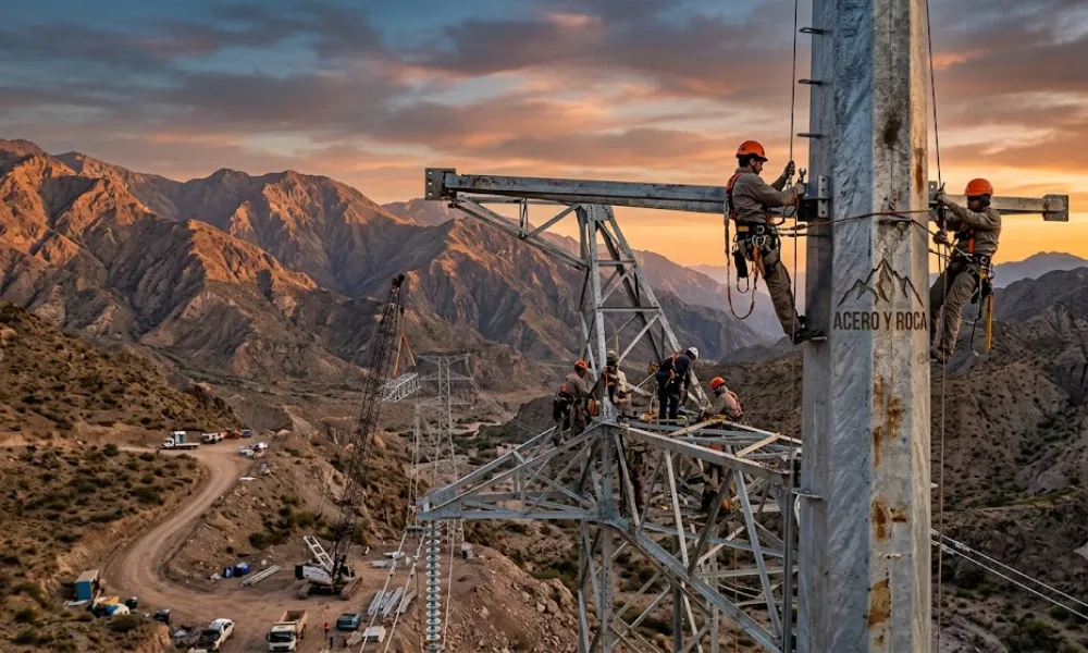 Construcción de la línea de interconexión de 500 kV para abastecer proyectos de cobre en la cordillera sanjuanina. Contenido Original de ACERO Y ROCA – Prohibida su reproducción.