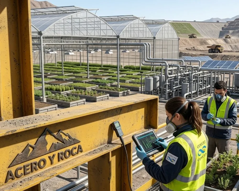 Investigadores trabajando sobre un vivero de fitorremediación