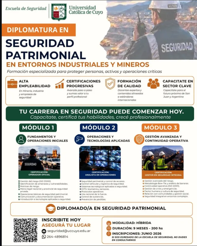Folleto informativo con los requisitos de inscripción y el programa académico de la Diplomatura en Seguridad Patrimonial de la UCCuyo.