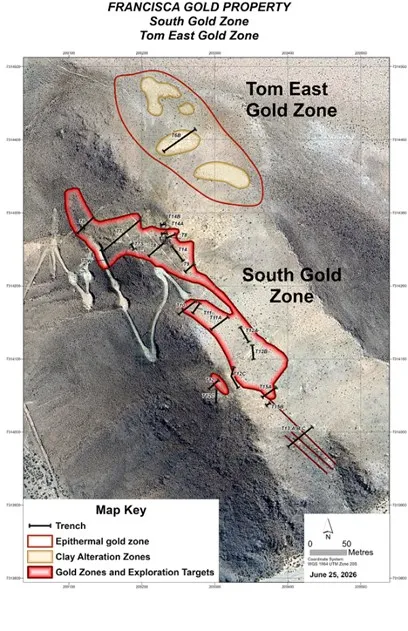 Mapa geológico de las zonas mineralizadas del proyecto Francisca en Salta con indicaciones de las trincheras.