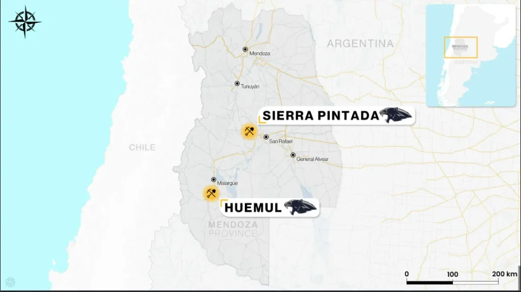 Mapa técnico y delimitación de concesiones del proyecto de uranio Huemul en el sur de la provincia de Mendoza.