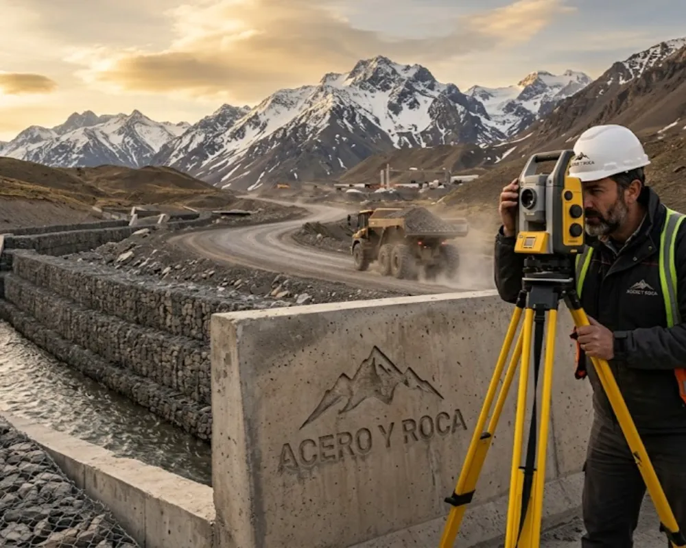 Obra de ingeniería hidráulica a gran escala en la alta montaña de San Juan, Argentina, durante la hora dorada. Contenido Original de ACERO Y ROCA - Prohibida su reproducción