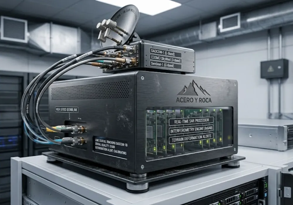 centro de datos. Se muestra una unidad de receptor de estación terrestre satelital de metal cepillado oscuro con múltiples etiquetas que identifican bandas de SAOCOM, COSMO-SkyMed y Sentinel. Contenido Original de ACERO Y ROCA – Prohibida su reproducción