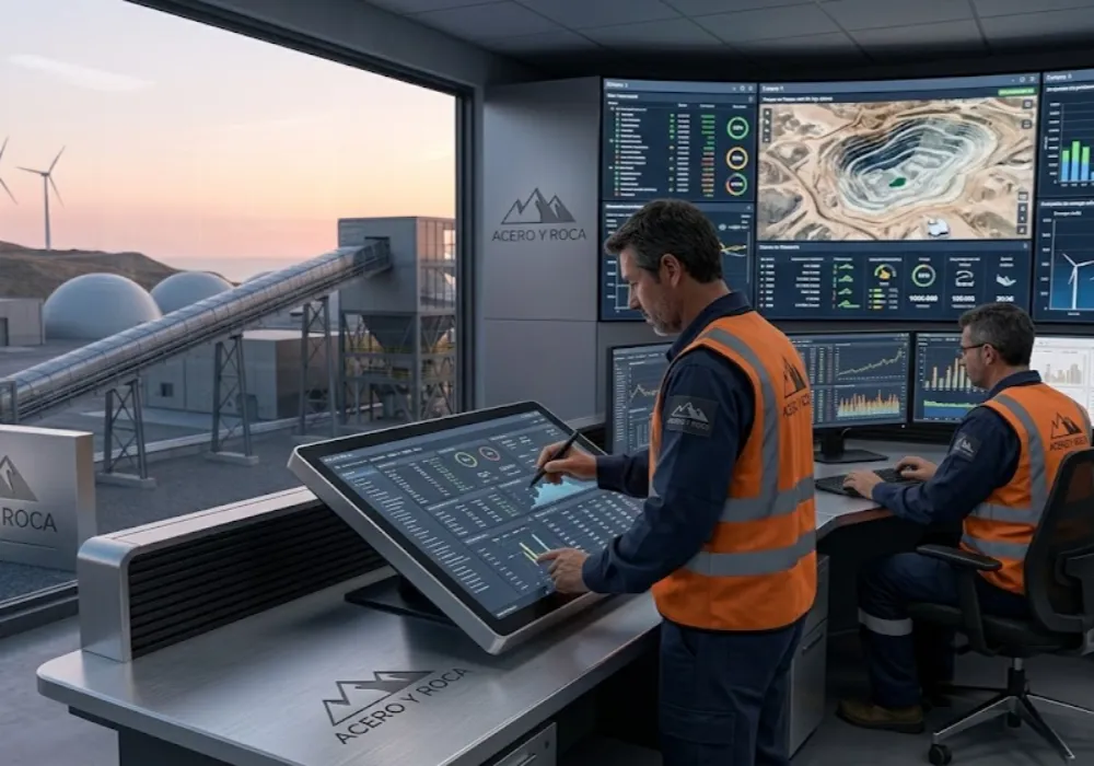Contenido Original de ACERO Y ROCA - Prohibida su reproducción Especialistas e ingenieros analizando software industrial y herramientas digitales en una oficina técnica vinculada al proveedor minero sanjuanino. Contenido Original de ACERO Y ROCA - Prohibida su reproducción