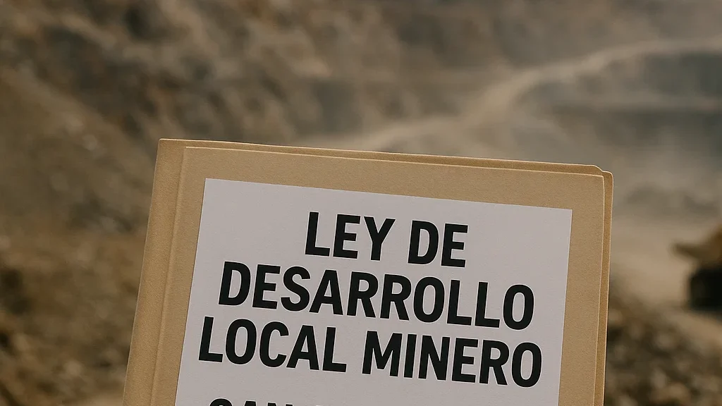 Carpeta institucional con el rótulo de la Ley de Desarrollo Local Minero para la contratación de bienes y servicios locales en San Juan.
