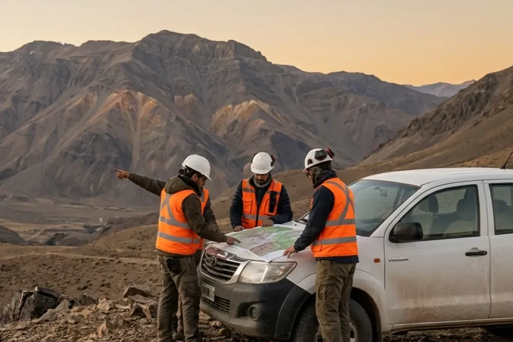 geólogos con mapas inspeccionando terrenos montañosos. Contenido Original de ACERO Y ROCA - Prohibida su reproducción