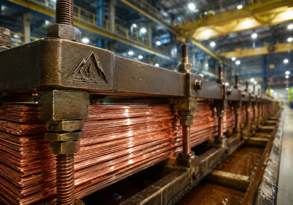 Placas de cátodos de cobre apiladas en una nave minera de electroobtención.