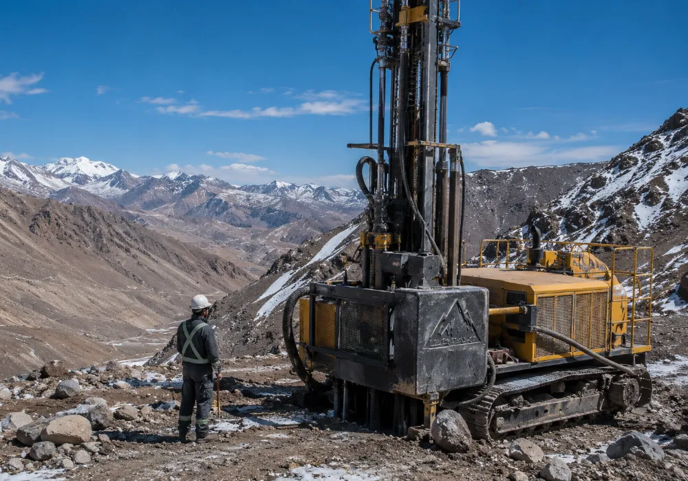 Maquinaria de perforación minera operando en la alta cordillera bajo condiciones extremas.