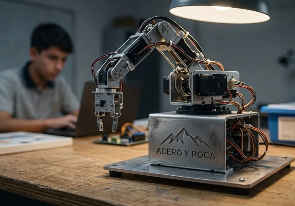 Un estudiante de ingeniería programando un prototipo automatizado dentro de una sala de robótica educativa. Contenido Original de ACERO Y ROCA - Prohibida su reproducción